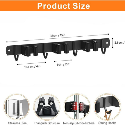 Mop and Broom Holder Wall Mount, Upgraded Broom Organizer Wall Mount, Stainless Steel Broom Hanger Wall Mount for Kitchen Garden Laundry Room Decor (3 Racks with 4 Hooks Black).