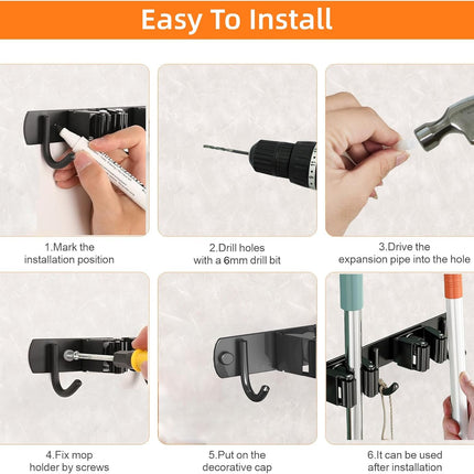 Mop and Broom Holder Wall Mount, Upgraded Broom Organizer Wall Mount, Stainless Steel Broom Hanger Wall Mount for Kitchen Garden Laundry Room Decor (3 Racks with 4 Hooks Black).