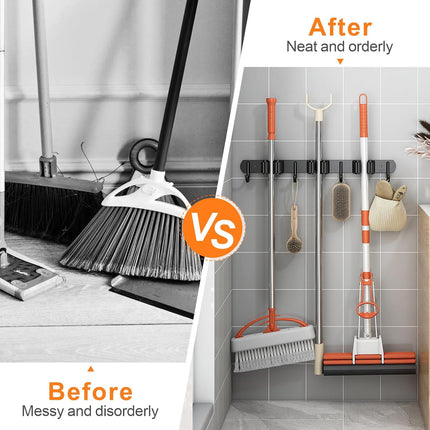 Mop and Broom Holder Wall Mount, Upgraded Broom Organizer Wall Mount, Stainless Steel Broom Hanger Wall Mount for Kitchen Garden Laundry Room Decor (3 Racks with 4 Hooks Black).
