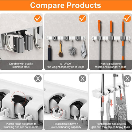 Mop and Broom Holder Wall Mount, Upgraded Broom Organizer Wall Mount, Stainless Steel Broom Hanger Wall Mount for Kitchen Garden Laundry Room Decor (3 Racks with 4 Hooks Black).
