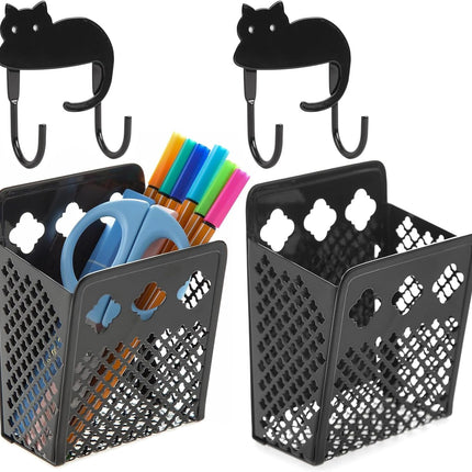 2 Pack Magnetic Pen Holder, Strong Magnet Organizer Dry Erase Marker Holder for Refrigerator, Whiteboard, Locker Accessories Home Office Hanging Pencil Holder with Hooks-Black.