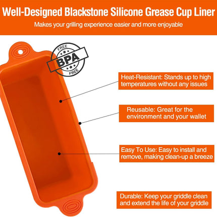2 Pack Blackstone Silicone Grease Cup Liners for 36 28 22 17 Inch Griddle, Reusable Catcher Liner Grill Tray Blackstone Accessories, Replacement of Aluminum Foil Drip Pans, Orange.