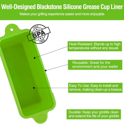 2 Pack Blackstone Silicone Grease Cup Liners for 36 28 22 17 Inch Griddle, Reusable Grease Catcher Liner Grill Grease Tray Blackstone Accessories, Replacement of Aluminum Foil Drip Pans, Green.
