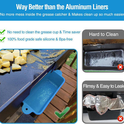 2 Pack Blackstone Silicone Grease Cup Liners for 36 28 22 17 Inch Griddle, Reusable Grease Catcher Liner Grill Grease Tray Blackstone Accessories, Replacement of Aluminum Foil Drip Pans, Blue.
