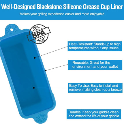 2 Pack Blackstone Silicone Grease Cup Liners for 36 28 22 17 Inch Griddle, Reusable Grease Catcher Liner Grill Grease Tray Blackstone Accessories, Replacement of Aluminum Foil Drip Pans, Blue.