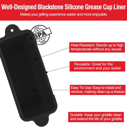 2 Pack Blackstone Silicone Grease Cup Liners for 36 28 22 17 Inch Griddle, Reusable Catcher Liner Grill Grease Tray Blackstone Accessories, Replacement of Aluminum Foil Drip Pans, Black.