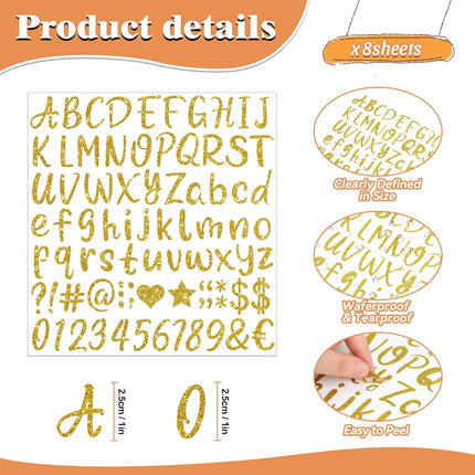 648 PCS Gold Letter Stickers Glitter Alphabet Stickers 1 Inch Self Adhesive Waterproof Vinyl Small ABC Letters for Graduation Cap Water Bottles Cup Mailbox Number Scrapbooking Sign Crafts (8,Gold).