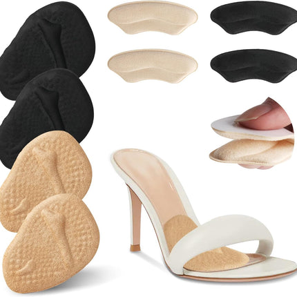 4 Pairs Metatarsal Pads Women & 4 Pairs Ball of Foot Cushions,Non-Sliding Insole Pads for Open Toe,Heel Pads Inserts for Too Big Shoe(Beige+Black).