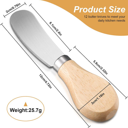 12 Pcs Cheese Spreader Knives Butter Knife Bulk Stainless Steel Butter Spreader Knives with Wooden Handle, Cheese Cake Condiment Knife Set for Sandwich, Cream, Charcuterie, Pastry, 4.7 Inch.
