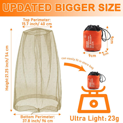 Mosquito Head Net Mesh, Face Neck Fly Netting Hood from Bugs Gnats Noseeums Screen Net for Any Outdoor Lover- with Carry Bags Fits Most Sizes of Hats Caps (2pcs, Khaki, Updated Big Net).