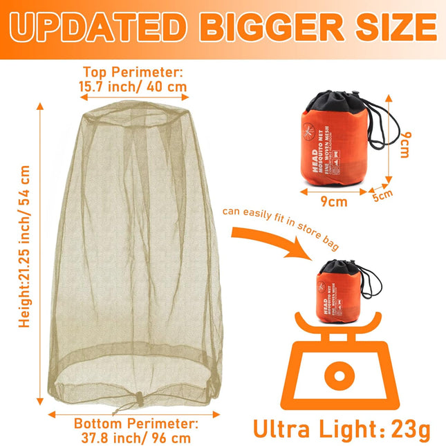 Mosquito Head Net Mesh, Face Neck Fly Netting Hood from Bugs Gnats Noseeums Screen Net for Any Outdoor Lover- with Carry Bags Fits Most Sizes of Hats Caps (2pcs, Khaki, Updated Big Net).