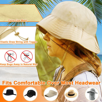 Mosquito Head Net Mesh, Face Neck Fly Netting Hood from Bugs Gnats Noseeums Screen Net for Any Outdoor Lover- with Carry Bags Fits Most Sizes of Hats Caps (2pcs, Khaki, Updated Big Net).