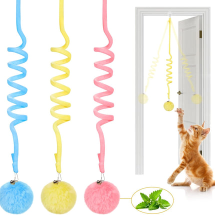 Hanging Fluffy Cat Catnip Ball Toys 3 Pcs with Bell, Interactive Cat Teaser Retractable Toys Indoor Kitten Play Chase Exercise Physical Stimulation.