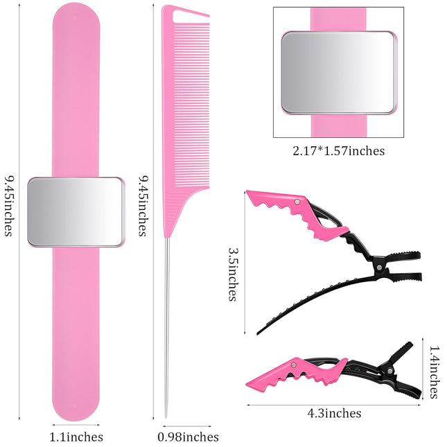 10 Pcs Hair Styling Tools Set Magnetic Gel & Silicone Wristband for Stylists and Braiders, Wrist Strap, 3 Rat Tail Combs and 6 Plastic Clips(Pink Wrist Strap).