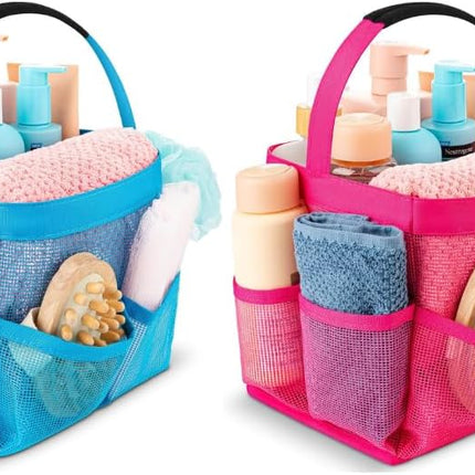 Mesh Shower Caddy Bag Set - (9 Pocket) Large Collapsible, Portable Bathroom Organizer for Travel, Gym, & Dorm - Easily Carry & Organize Bathroom Toiletry Essential (Blue & Pink).