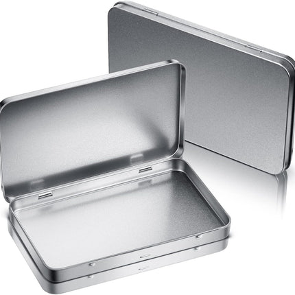 2 Pack Rectangular Metal Tin Box with Lid Metal Hinged Lid Tin Empty Box Container Storage for Watercolor Jewelry Pen Eraser Pill Candy Craft Organize 7.0 x 4.2 x 0.6'' (Sliver).