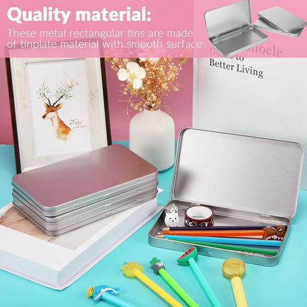 2 Pack Rectangular Metal Tin Box with Lid Metal Hinged Lid Tin Empty Box Container Storage for Watercolor Jewelry Pen Eraser Pill Candy Craft Organize 7.0 x 4.2 x 0.6'' (Sliver).