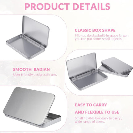 2 Pack Rectangular Metal Tin Box with Lid Metal Hinged Lid Tin Empty Box Container Storage for Watercolor Jewelry Pen Eraser Pill Candy Craft Organize 7.0 x 4.2 x 0.6'' (Sliver).