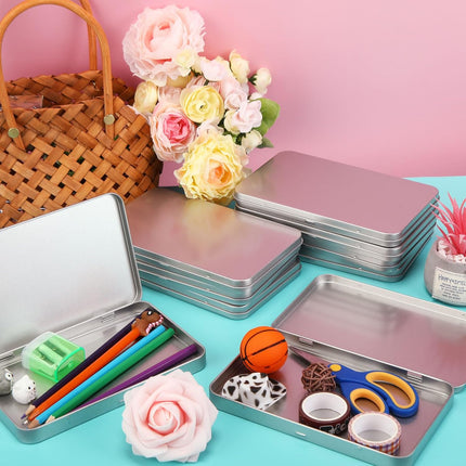 2 Pack Rectangular Metal Tin Box with Lid Metal Hinged Lid Tin Empty Box Container Storage for Watercolor Jewelry Pen Eraser Pill Candy Craft Organize 7.0 x 4.2 x 0.6'' (Sliver).