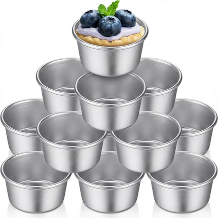 10 Pieces Individual Flan Molds Egg Tart Molds Pudding Cups Mini Chocolate Molten Pans Carbon Steel Cupcake Cake Cookie, Round Nonstick Popover Bakeware Tumblers(2.6 x 2 x 1.3 Inch).
