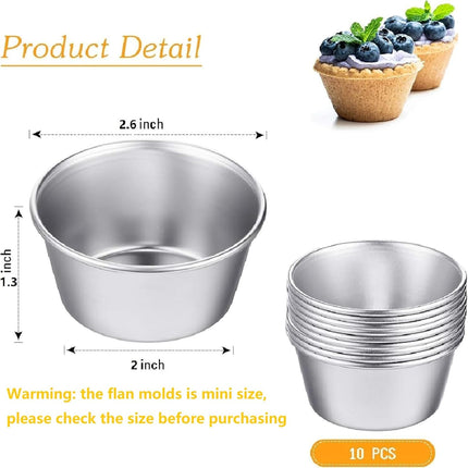 10 Pieces Individual Flan Molds Egg Tart Molds Pudding Cups Mini Chocolate Molten Pans Carbon Steel Cupcake Cake Cookie, Round Nonstick Popover Bakeware Tumblers(2.6 x 2 x 1.3 Inch).