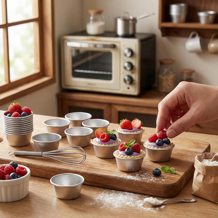 10 Pieces Individual Flan Molds Egg Tart Molds Pudding Cups Mini Chocolate Molten Pans Carbon Steel Cupcake Cake Cookie, Round Nonstick Popover Bakeware Tumblers(2.6 x 2 x 1.3 Inch).