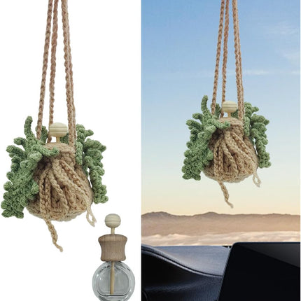 Crochet Hanging Plant Car Pendant - Cute Potted Plant Car Rear View Mirror Charm with 12ml Empty Refillable Glass Bottle - Handmade Knitted Ornament.