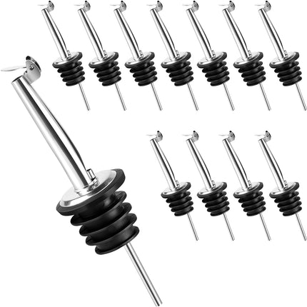 12 Pack Liquor Pour Spout with Dust Caps Stainless Steel Pourers Spouts for Alcohol, Olive Oil, Bar Bartender Accessories (Automatic Cover).