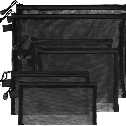 6 PCS Mesh Pouch, Black Nylon Mesh Cosmetic Zipper Bags for Home Office Purse Diaper Bag (A4 x 2, A5 x 2, A6 x 2).