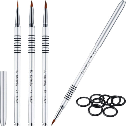 3 Pcs Kolinsky 3D Nail Art Brush Set Size 2/4/5 Acrylic Nail Art Brush with Silver Metal Nonslip Grip Handle Polish Cleaning Manicure Tools for Women Acrylic Sculpture Application.