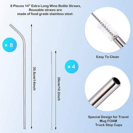 8 Pieces 14 Inch Reusable Stainless Steel Straws Long Drinking Straws for 100 oz Tumblers, Extra with 4 Pieces Cleaning Brush(Silver).
