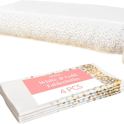 White and Gold Tablecloths, 4pk, 54x108 Inches - Party Table Cloths Disposable - Gold Dot Disposable Tablecloths - Plastic Table Cloth - Engagement Party Decorations, Baptism Decorations.