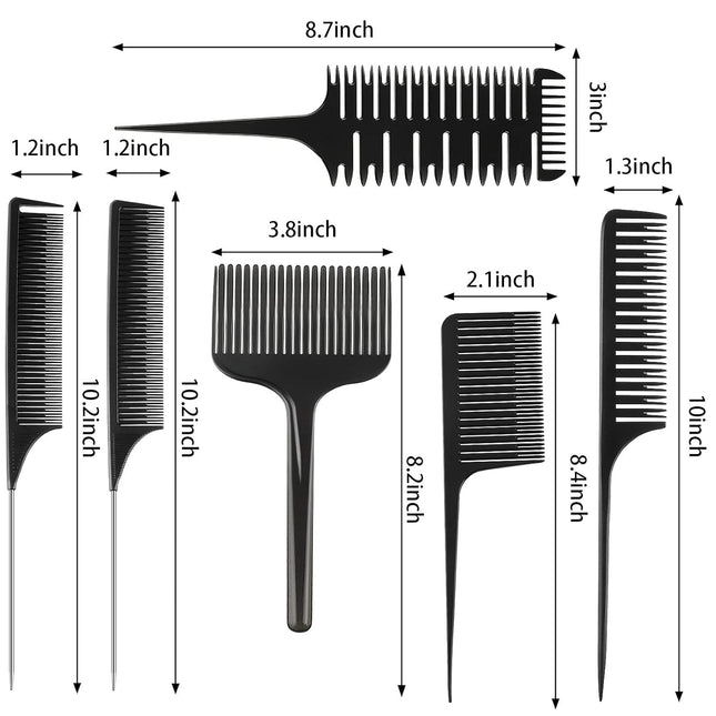 6 Pcs Highlighting Hair Combs Set, 3-way Hair Sectioning, Dyeing, Rat Tail Lifting Comb for Weaving Foiling Sectioning Coloring, Black.