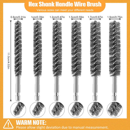 Stainless Steel Bore Brush Stainless Steel Bristles Wire Brush for Power Drill with Hex Shank Handle (0.8 cm, 1 cm, 1.2 cm, 1.5 cm, 1.7 cm, 1.9 cm, 6 Pcs).