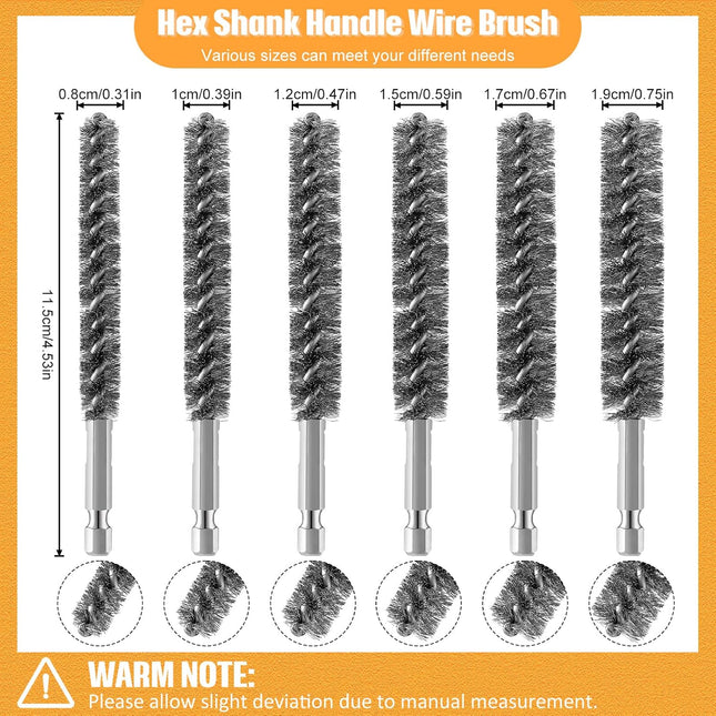 Stainless Steel Bore Brush Stainless Steel Bristles Wire Brush for Power Drill with Hex Shank Handle (0.8 cm, 1 cm, 1.2 cm, 1.5 cm, 1.7 cm, 1.9 cm, 6 Pcs).