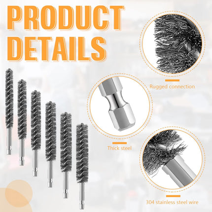 Stainless Steel Bore Brush Stainless Steel Bristles Wire Brush for Power Drill with Hex Shank Handle (0.8 cm, 1 cm, 1.2 cm, 1.5 cm, 1.7 cm, 1.9 cm, 6 Pcs).
