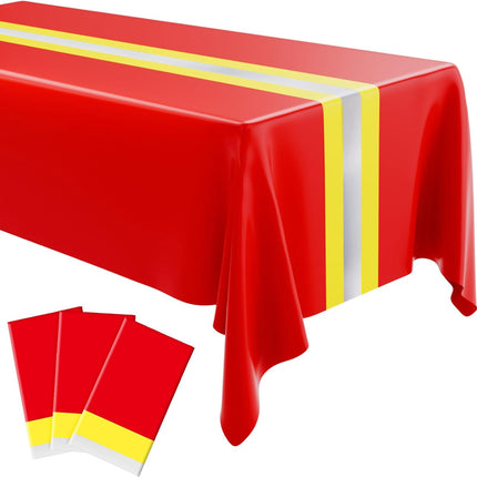 3 Pcs Fire Fighting Tablecloth 54"x108" Table Runner Cover Disposable Plastic Rectangle Tablecloths for Firefighter Construction Road Racing Track Car Birthday Party Decoration Supplies(Red).