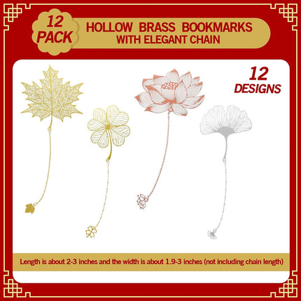 12 Pieces Metal Bookmarks with Chain for Women Metal Leaf Bookmark for Book Lovers Writers Readers Children Teens Adults Gold Silver and Rose Gold(Chain Style).