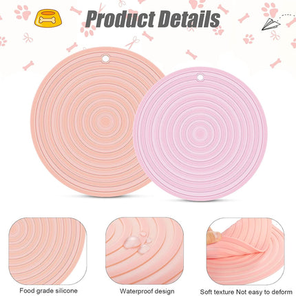 2 Pieces Silicone Pet Food Mat Pet Feeding Mat for Dog and Cat Food Bowl Placemat Preventing Food and Water Overflow Suitable for Medium and Small Pet, 9.5 x 9.5 Inch and 7.1 x 7.1 Inch (Pink).