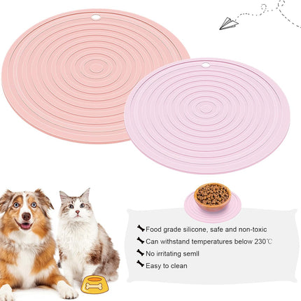 2 Pieces Silicone Pet Food Mat Pet Feeding Mat for Dog and Cat Food Bowl Placemat Preventing Food and Water Overflow Suitable for Medium and Small Pet, 9.5 x 9.5 Inch and 7.1 x 7.1 Inch (Pink).