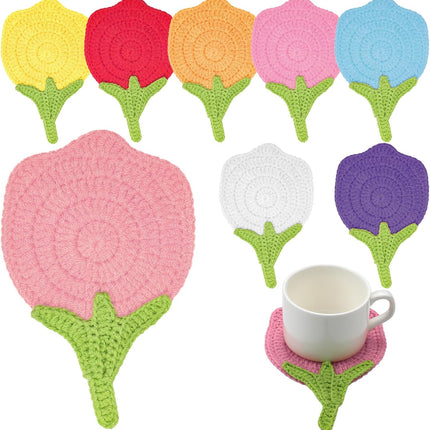 8 Pcs Spring Flower Crochet Coasters Tulip Floral Handmade Crochet Coasters Woven Tulip Cup Mat Cute Easter Gifts for Table Home Office Wedding Anniversary Kitchen Party Decoration.