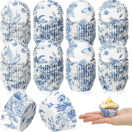 800 Pcs Blue and White Flower Cupcake Liners Flower Cupcake Wrappers Grease Proof Blue Muffin Liners Disposable Papers Baking Cups for Baking Weddings Party(3.15 x 1.97 x 1.18 Inch).