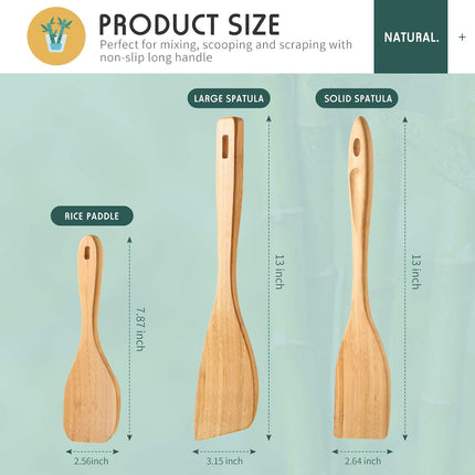 3 Pieces Bamboo Cooking Spatula and Paddle Set Bamboo Turner Wok Spatula Spoon Heat Resistant Kitchen Utensil for Nonstick Cookware, 3 Styles.