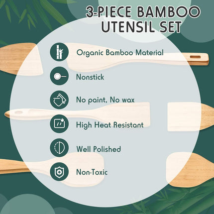 3 Pieces Bamboo Cooking Spatula and Paddle Set Bamboo Turner Wok Spatula Spoon Heat Resistant Kitchen Utensil for Nonstick Cookware, 3 Styles.