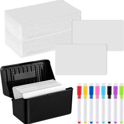 Index Card Storage, 100 Pcs Blank Dry Erase Index Cards and 8 Dry Erase Markers Black Storage Box, Practical Index Card Organizer Reusable DIY Flash Cards for School Message Notes (3 x 5 Inch).