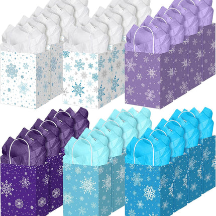 24 Pcs Winter Snowflakes Gift Bag with Tissue Paper 7 x 9 Inch Kraft Paper Goodie Bags with Handles 6 Styles Party Favor for Winter Wedding Birthday Gift Wrapping.