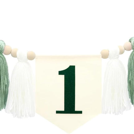 One High Chair Banner Baby First Birthday Party Decorations for girl boy Flower First Birthday Party Decorations (Green Beige).