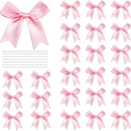 50 Pcs Twist Tie Bows Satin Ribbon Bow 3.3 Inch Gift Wrap Bow Craft Bows for Gift Wrapping, Party Decorations Gifts Bag DIY Treat Bags Light Pink.