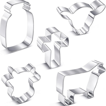 5 Pieces Cow Cookie Cutter Set, Farmhouse Theme, 5 Different Farm Animals Theme Cutters, Steel Cow Head, Milk Bottle, Crossed Cookie Molds for Biscuit and Cakes Kitchen Tool Accessories.