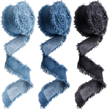 3 Rolls 2 Yards Fringes Fabric Denim Ribbon, 0.98in Frayed Ribbon Fringes Trim for Sewing, Rustic Frayed Fabric Ribbon Trim Embellishments for Wrapping Decorating- Light Blue & Blue & Black.